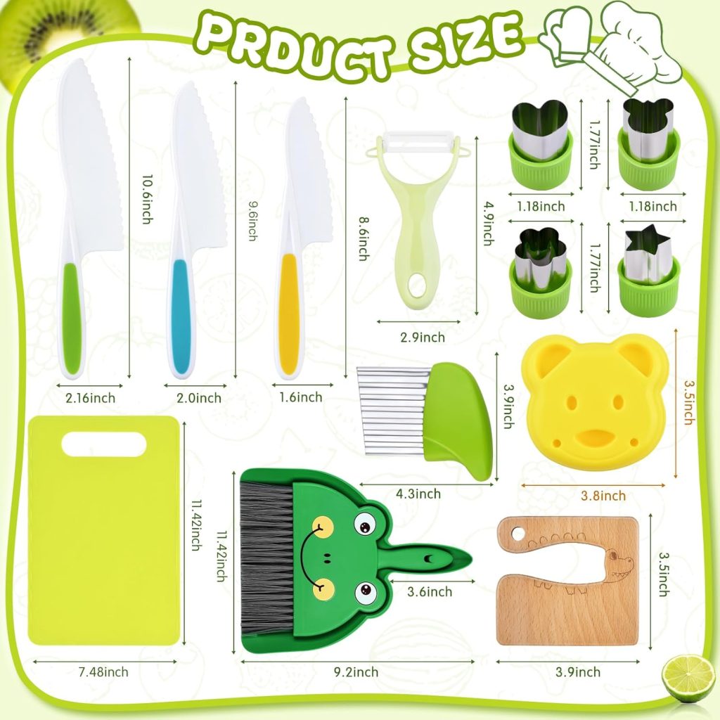 13 Pieces Montessori Kitchen Tools for Toddlers-Kids Cooking Sets Real-Toddler Toys Set for Real Cooking with Plastic Children Safe Knives Crinkle Cutter Kids Cutting Board