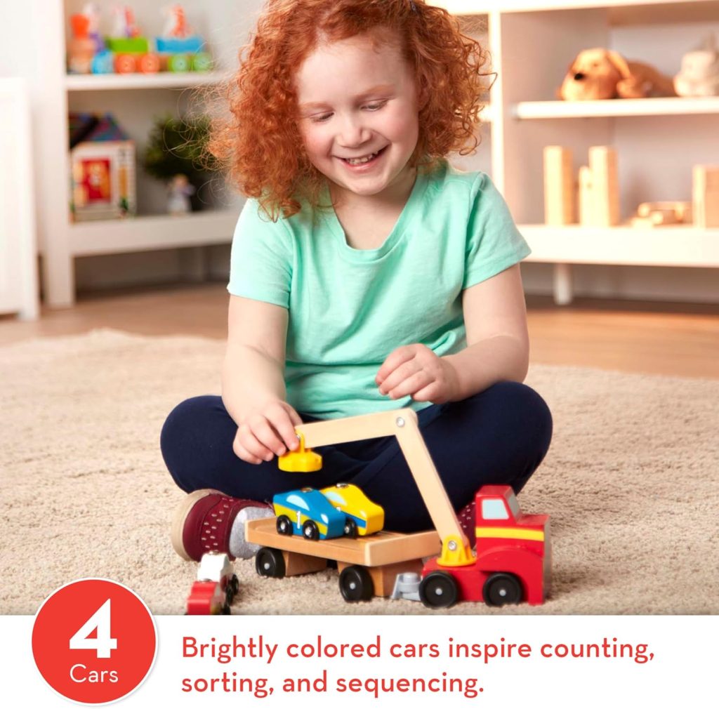 Melissa  Doug Magnetic Car Loader Wooden Toy Set With 4 Cars and 1 Semi-Trailer Truck