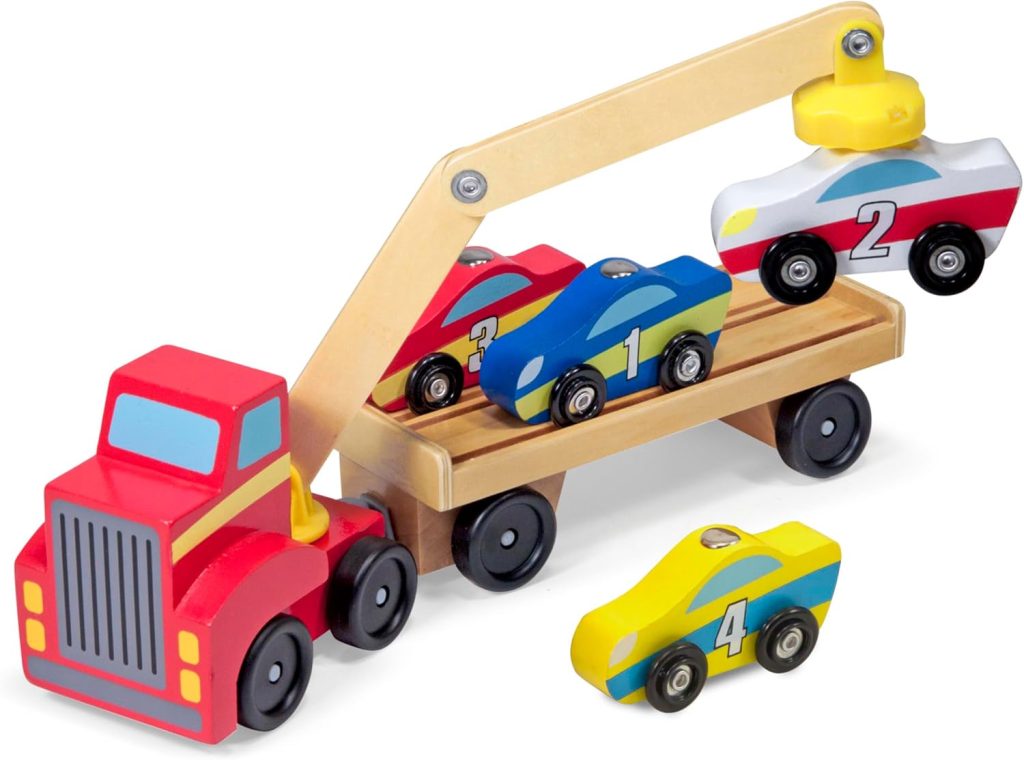 Melissa  Doug Magnetic Car Loader Wooden Toy Set With 4 Cars and 1 Semi-Trailer Truck