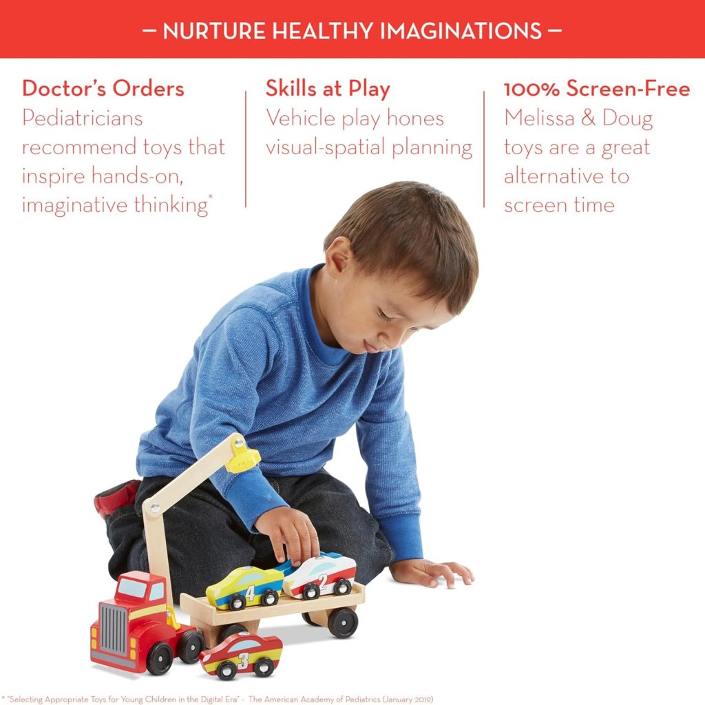 Melissa  Doug Magnetic Car Loader Wooden Toy Set With 4 Cars and 1 Semi-Trailer Truck