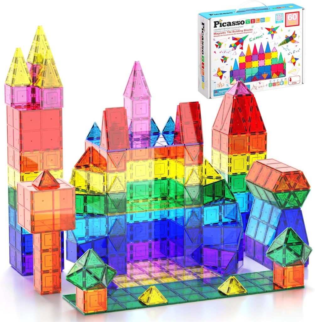PicassoTiles Magnetic Tiles 60pcs Kids Toys Classroom Sensory Toy for Toddlers STEM Learning Building Blocks, Montessori Pretend Play Magnet Tile Construction Stacking Block Boys Girls Ages 3+ PT60 PicassoTiles Magnetic Tiles 60pcs Kids Toys Classroom Sensory Toy for Toddlers STEM Learning Building Blocks, Montessori Pretend Play Magnet Tile Construction Stacking Block Boys Girls Ages 3+ PT60