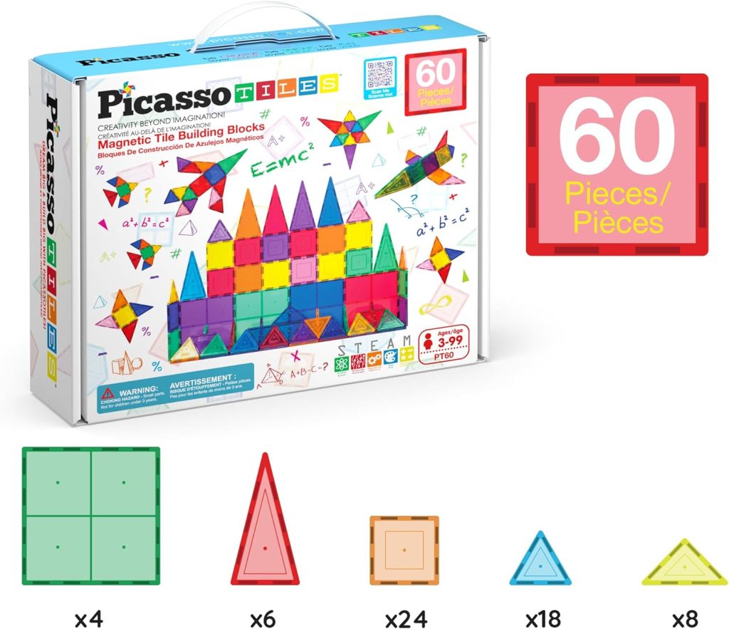 PicassoTiles Magnetic Tiles 60pcs Kids Toys Classroom Sensory Toy for Toddlers STEM Learning Building Blocks, Montessori Pretend Play Magnet Tile Construction Stacking Block Boys Girls Ages 3+ PT60 PicassoTiles Magnetic Tiles 60pcs Kids Toys Classroom Sensory Toy for Toddlers STEM Learning Building Blocks, Montessori Pretend Play Magnet Tile Construction Stacking Block Boys Girls Ages 3+ PT60